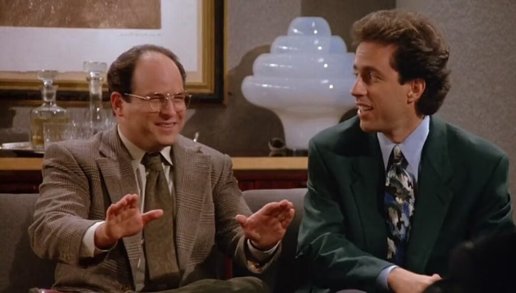 George Costanza (Jason Alexander) and Jerry Seinfeld (Jerry Seinfeld) in a pitch meeting in 'Seinfeld'